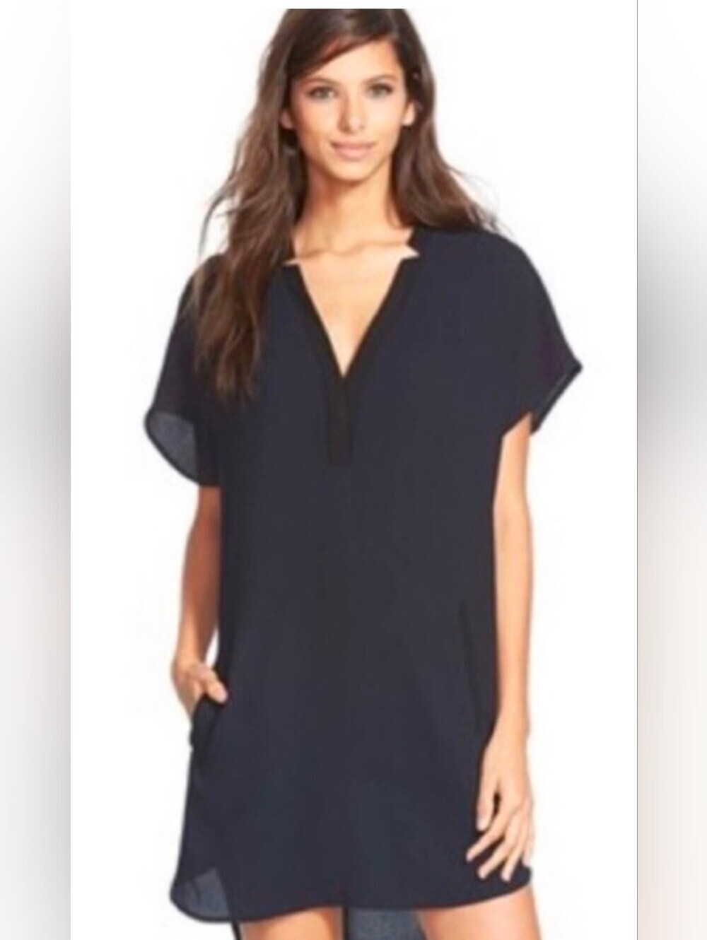 ASTR The Label Women's Navy Shift Shirt Dress Deep V Neck Dolman Short Sleeves L